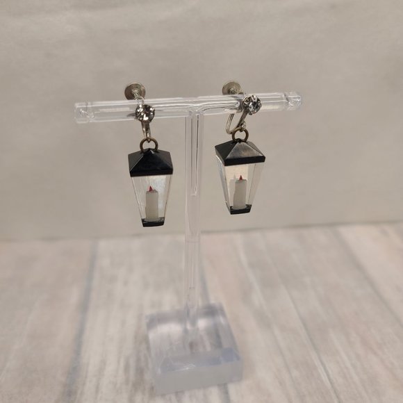 Lucite Candle Lantern Earrings in Black- Vintage, Christmas, Pinup, Screwback - Picture 2 of 6